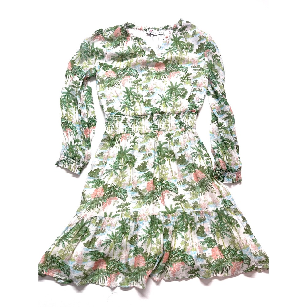Vineyard Vines Tropical Flamingo Palm Print Smocked Waist Dress Large 0435